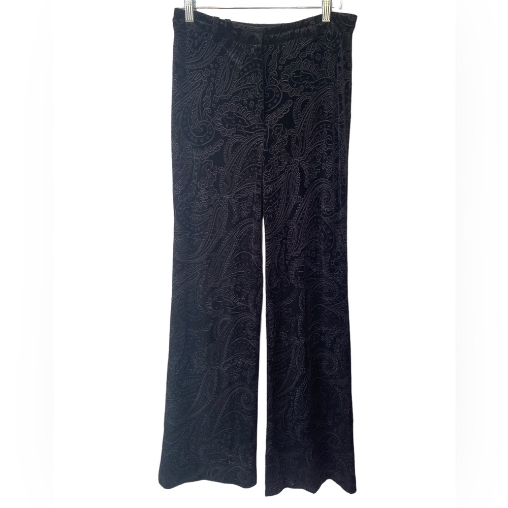 Zara High Waisted Wide Leg Dress Paisley Printed Flowy Black Velvet Pants Medium